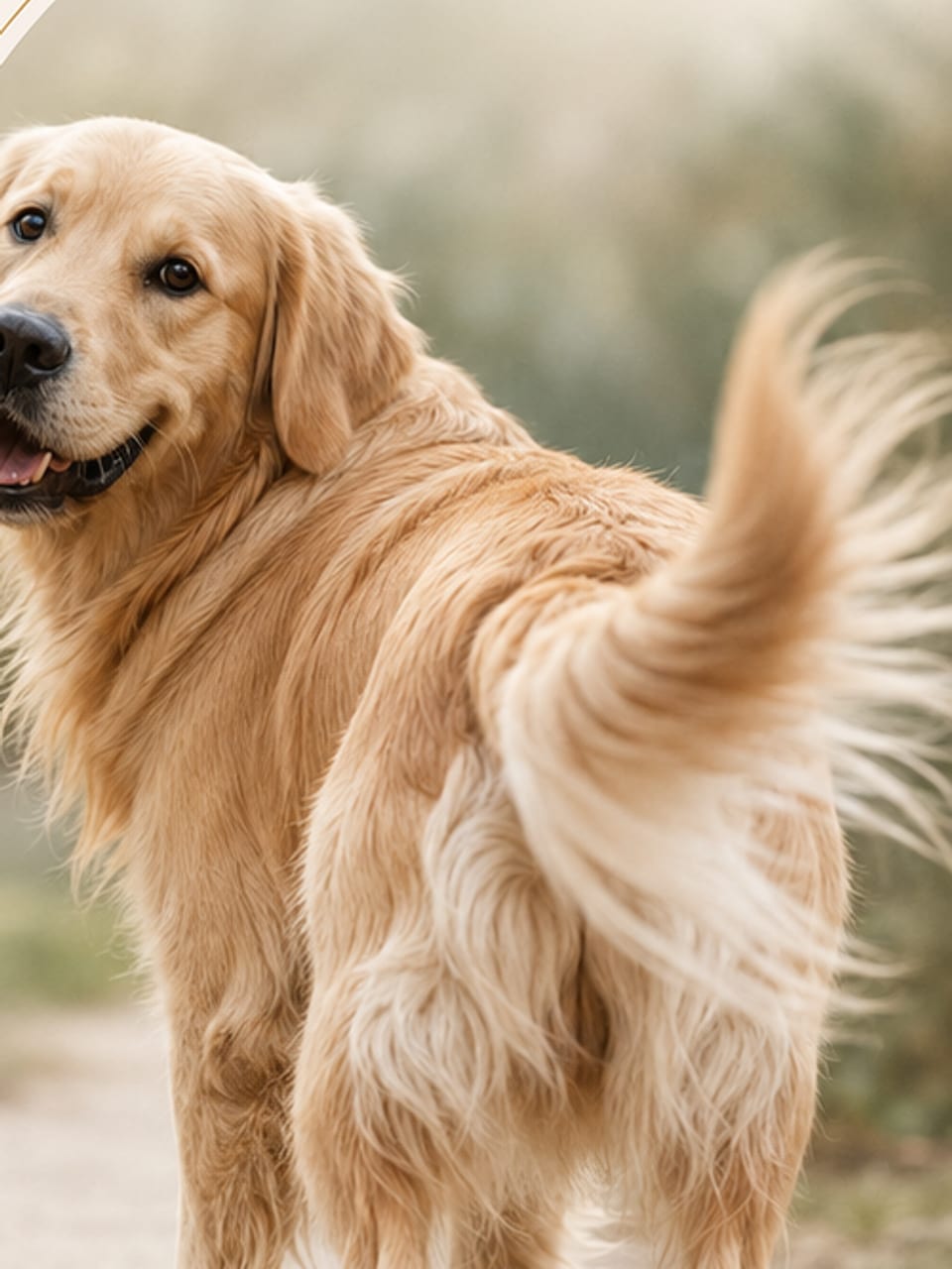 Cão golden retriever em pé ao ar livre, atento
