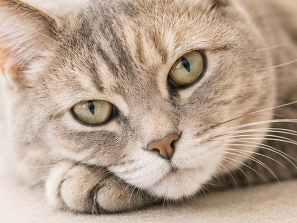 Gato cinza deitado com as patas recolhidas, olhar atento e corpo tenso
